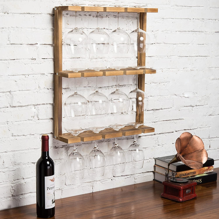 Burnt Wood Wall-Mounted 12 Wine Glass Holder Rack, Inverted Stemware Display-MyGift
