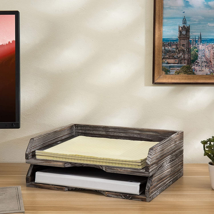 Rustic Torched Wood Desktop Stacking File & Document Trays, Set of 2