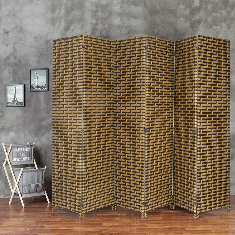 6-Foot Beige and Black Freestanding 6 Panel Wicker Privacy Room Divider with Dual-Action Hinges