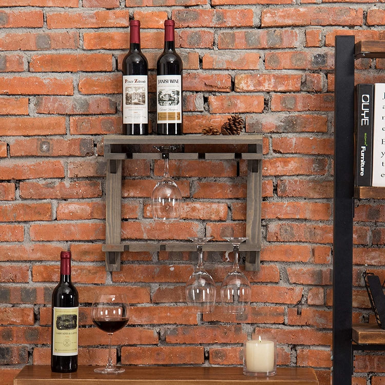 Gray Wood 2-Tier Wall-Mounted Wine Glass Storage Rack