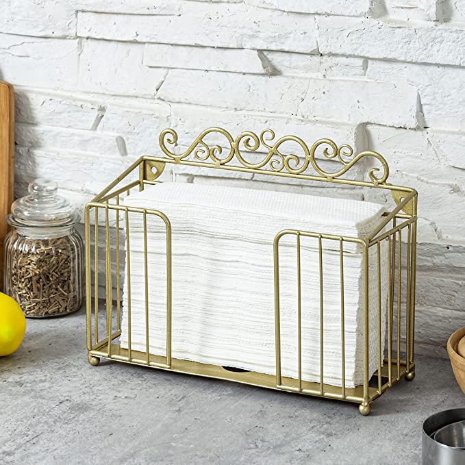 Brass Tone Metal Bathroom Paper Towel Holder with Scrollwork Design, Napkin Dispenser Rack
