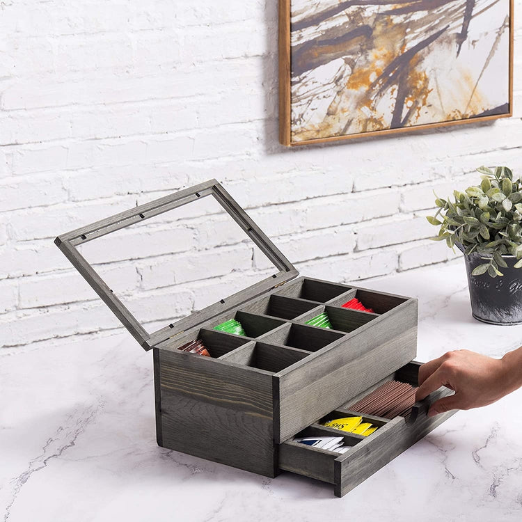 8-Slot Vintage Grey Tea Bag Storage Case with Clear Lid & Pullout Drawer