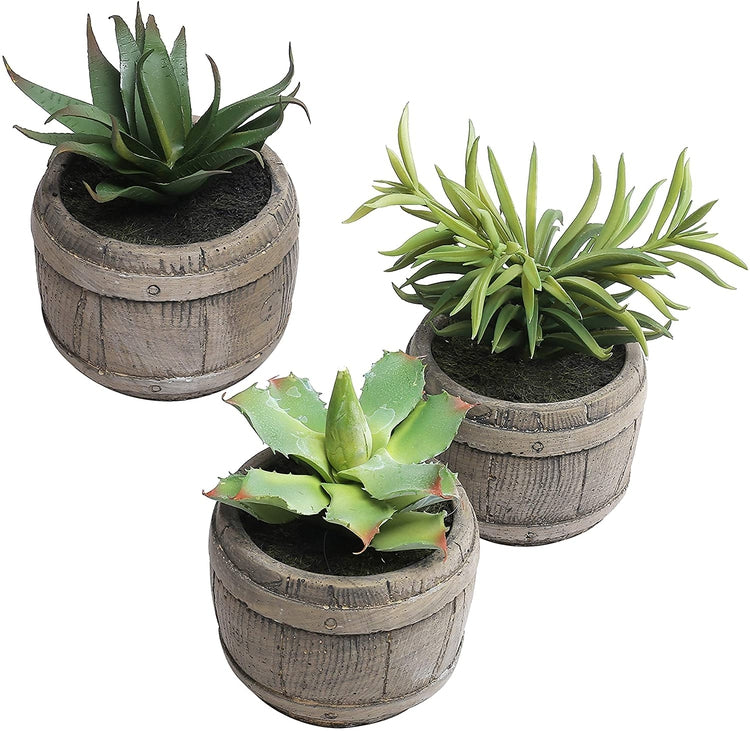 Set of 3 Brown Assorted Mini Artificial Succulents Plants in Rustic Wood Barrel Design Pots-MyGift