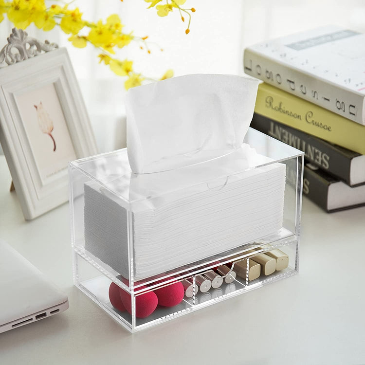 Clear Acrylic Countertop Makeup Organizer, Cosmetics Storage Drawer & Tissue Dispenser-MyGift