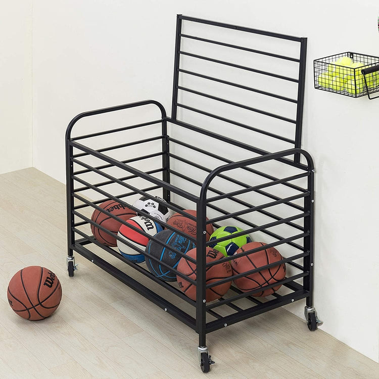 Black Metal Rolling Sports Ball Storage Cart with Lid