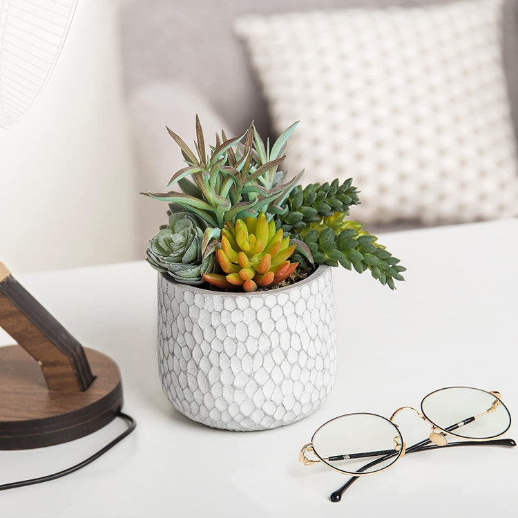 Faux Succulent Plant Arrangement in White and Grey Dimpled Clay Plant Pot