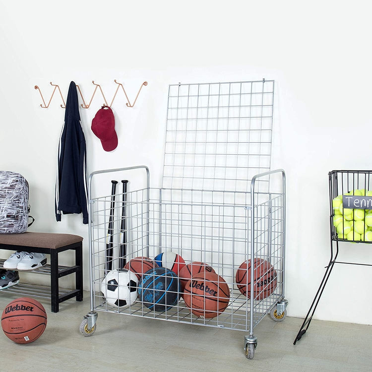 Metal Sports Ball Storage Bin with Wheels For Basketball Storage, Football Storage, Soccer Ball Storage