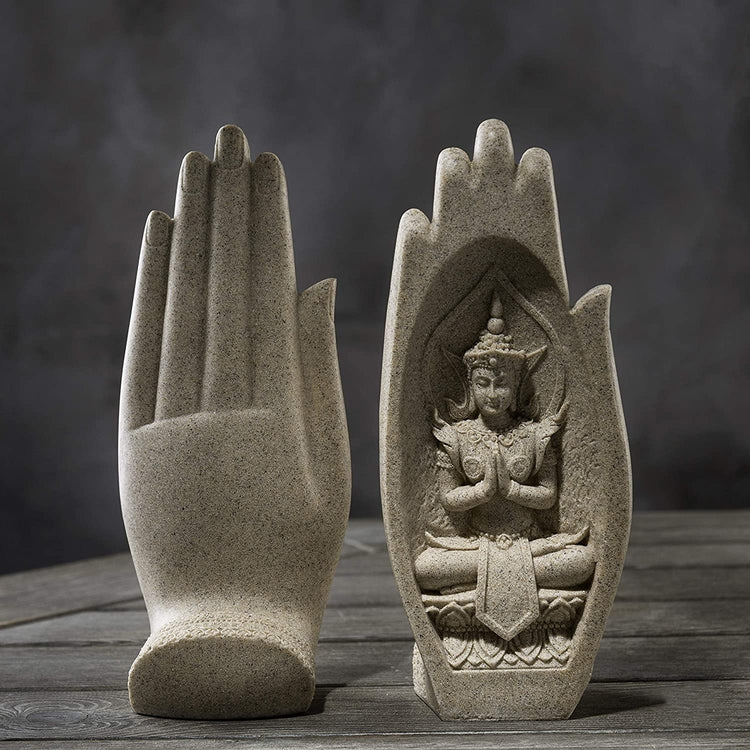 Set of 2 Resin Zen Buddha Hand Sculptures with Artistic Peaceful Buddha Statues Poses in Palms-MyGift