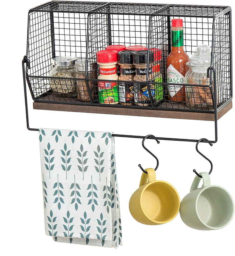 MyGift Wall-Mounted Chicken Wire Kitchen Organizer Shelf Rack/Fruit Storage Basket with Towel Bar & 4 S-Hooks, Men's, Size: Small, Black