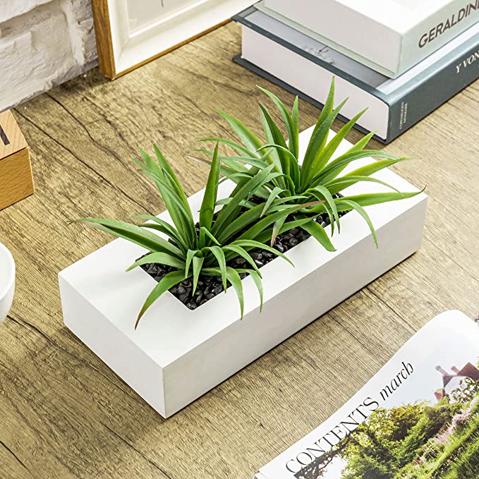 Tabletop Artificial Green Grass Plants in 10 Inch White Wood Rectangular Planter Pot-MyGift