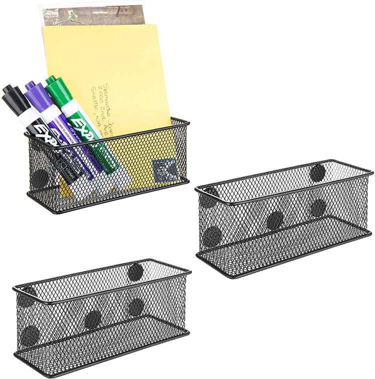 Black Wire Mesh Magnetic Storage Baskets and Office Supply Organizers, Set of 3