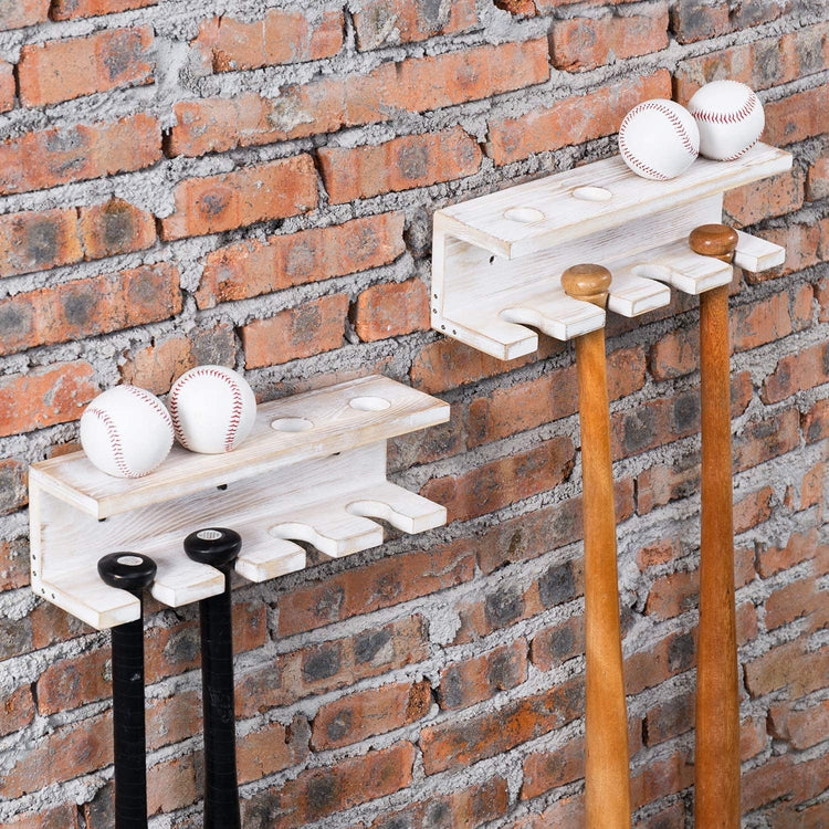 Set of 2 Wall Mounted Whitewashed Wood Baseball Bat Rack & Ball Storage Shelf Rack-MyGift