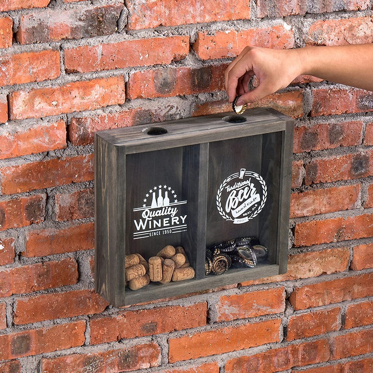 Wall Mounted Gray Wood Beer Bottle Cap & Wine Cork Display Box