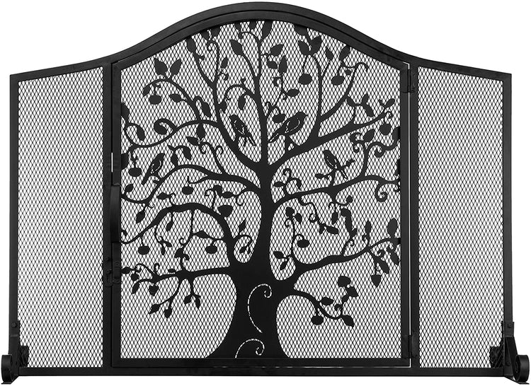 Black Wrought Iron Fireplace Screen Door with Silhouette Tree and Bird Design-MyGift