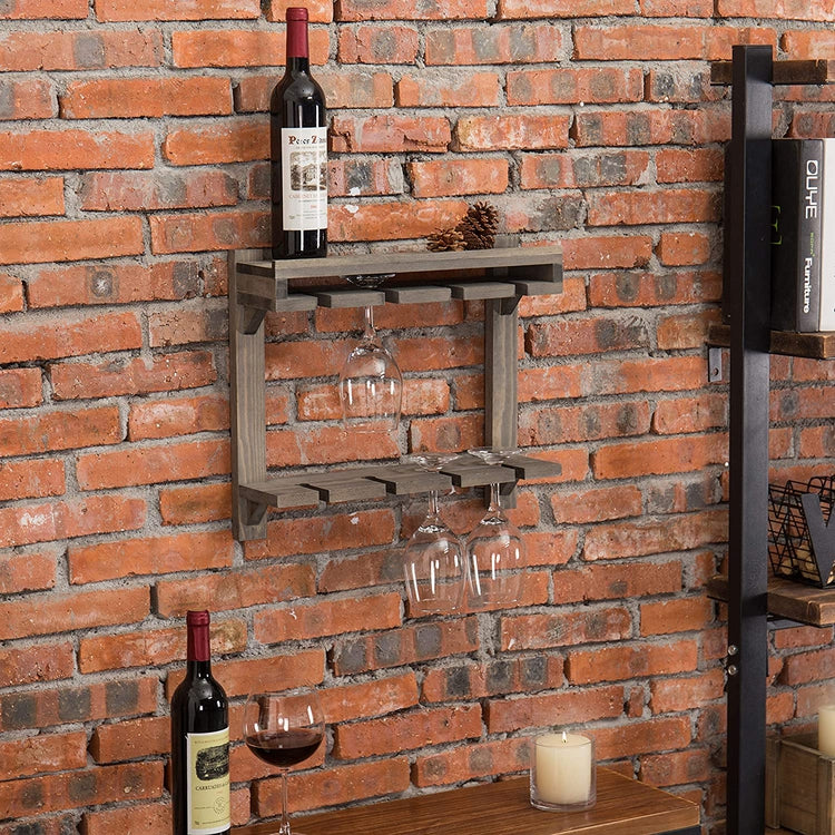 Gray Wood 2-Tier Wall-Mounted Wine Glass Storage Rack-MyGift