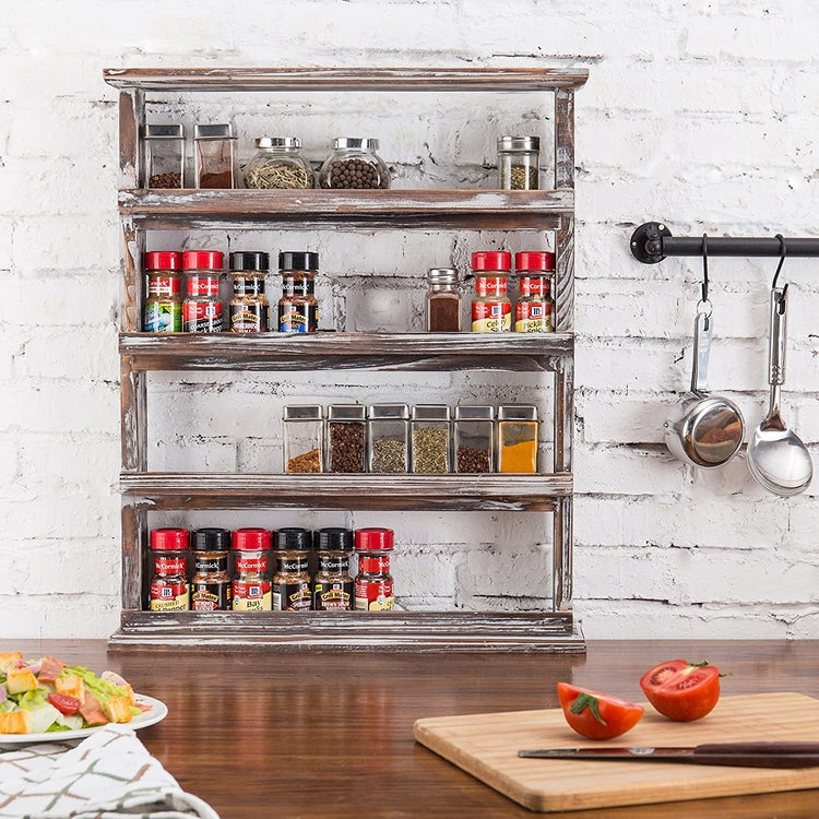 4-Tier Torched Wood Wall-Mounted Spice Rack