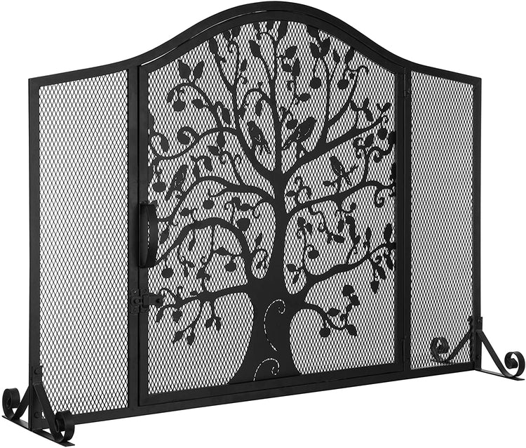 Black Wrought Iron Fireplace Screen Door with Silhouette Tree and Bird Design-MyGift