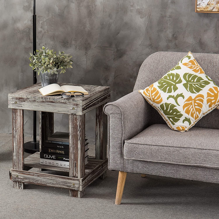 Rustic Torched Wood 2-Tier Accent End Table