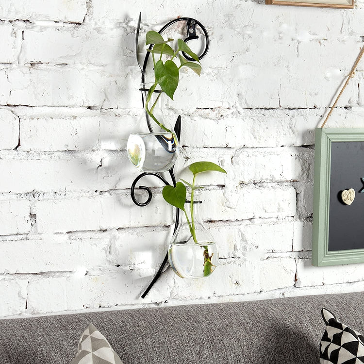 2 Flower Glass Bulb Vases with Wall-Mounted Scrollwork Metal Sconce Holder