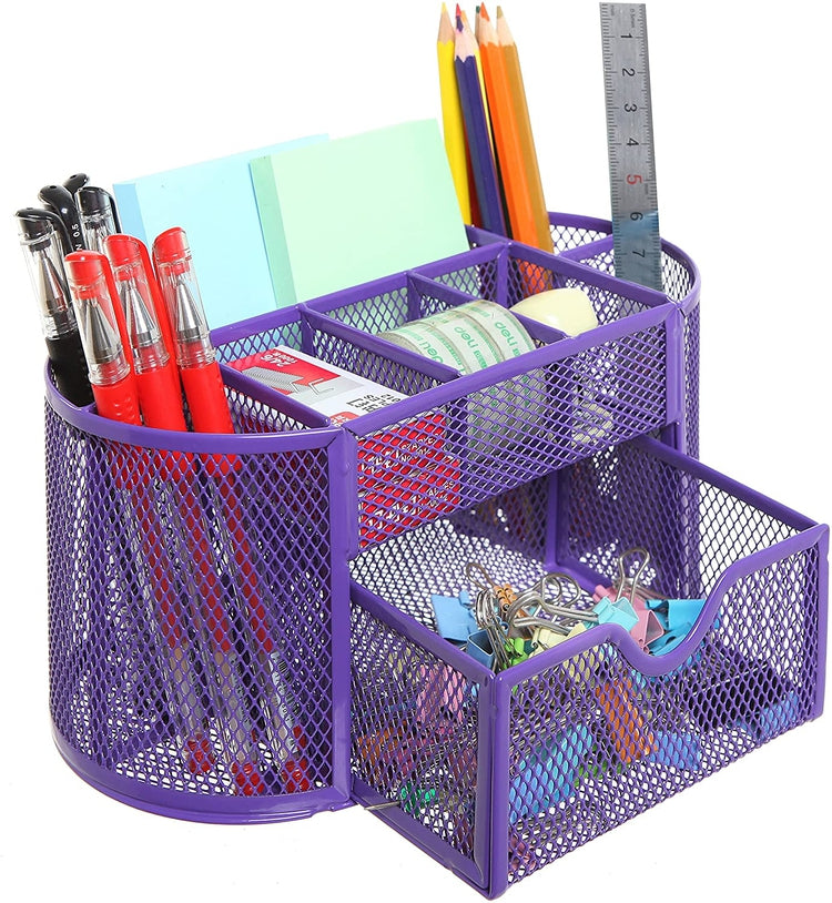 Purple Metal Wire, 8 Compartment Office Organizer, School Supply Caddy with Drawer-MyGift