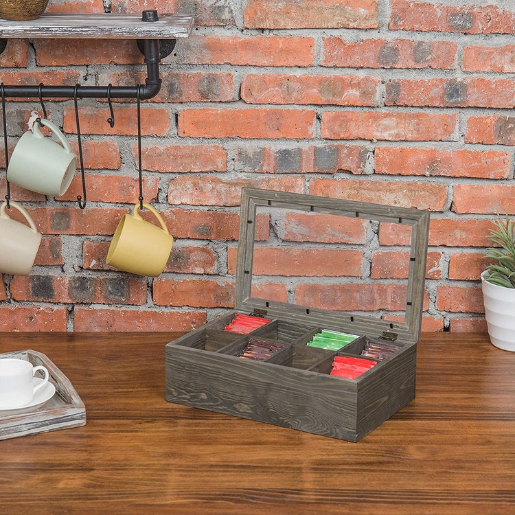 8 Compartment Gray Wood Tea Bag Storage Chest with Clear Lid
