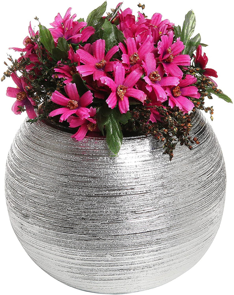 7-Inch Round Modern Silver-Tone Metallic Ceramic Planter Pot