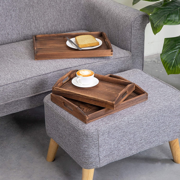 Set of 3 Nesting Brown Wood Serving Trays with Cutout Handles-MyGift