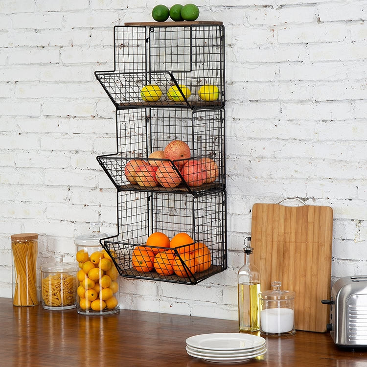 3-Tier Black Metal Wire Wall-Mounted Produce Storage Baskets with Wood Bases