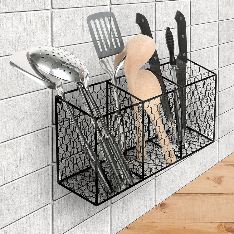 3 Compartment Black Rustic Chicken Wire Kitchen Utensil Holder Basket, Pantry Storage Rack-MyGift