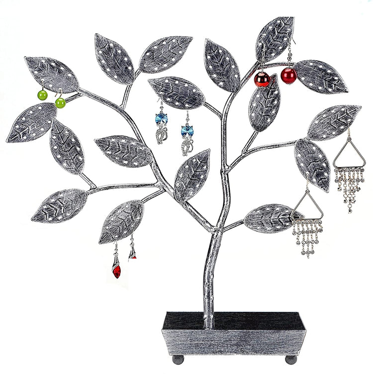 Silver Tree Design Jewelry Hanger, Earring Necklace Holder with Ring Dish Tray-MyGift