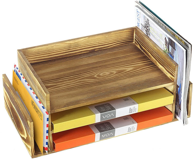 3 Tier Rustic Wood Desktop File Document Tray & Office Mail Storage Organizer