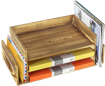 3 Tier Rustic Wood Desktop File Document Tray & Office Mail Storage Organizer