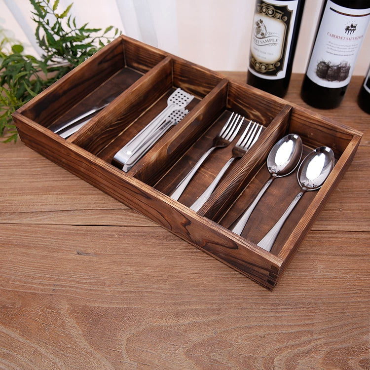 4 Slot Torched Wood Supply Organizer, Kitchen Utensil Cutlery Tray with Carrying Handle