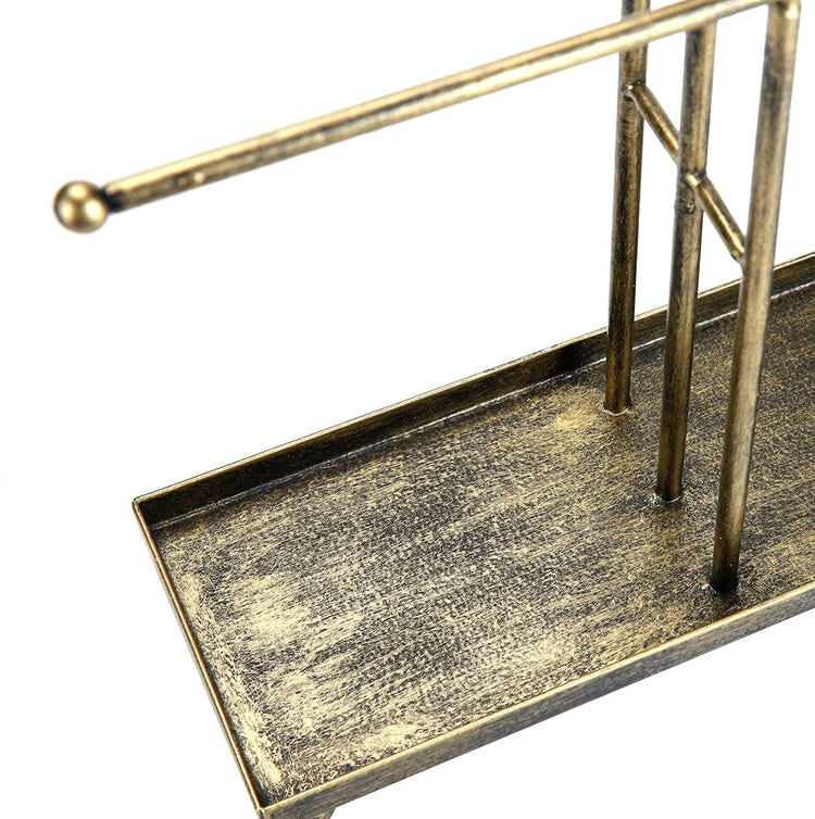 3 Tier Metal Rod Jewelry Display Stand in Antique Matte Brass Finish with Ring Tray-MyGift