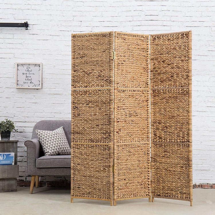 Brown 3-Panel Room Divider Handwoven Seagrass Wood Framed Room Divider