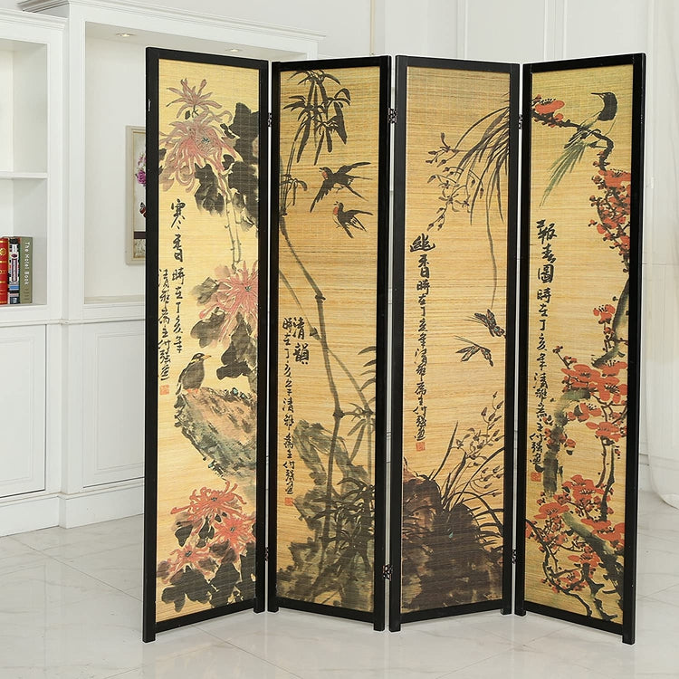 Chinese Calligraphy Design Wood & Bamboo Hinged 4 Panel Screen / Asian Freestanding Room Divider Black Frame