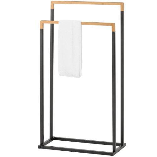 Freestanding 2-Tier Black Metal and Bamboo Towel Rack - MyGift