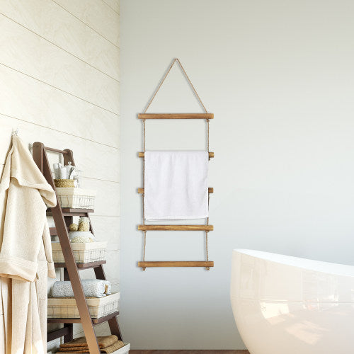 Wall Hanging Natural Brown Wood & Rope Towel Ladder