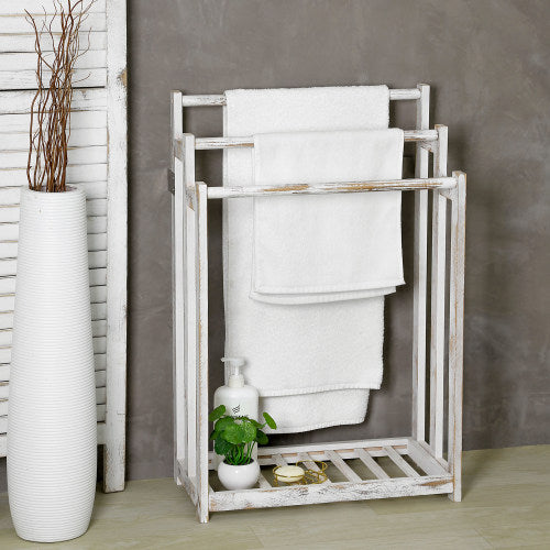 Shabby-Chic Whitewashed Wood Bathroom Towel Rack