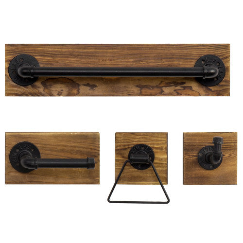 4-Piece Dark Brown Wood & Metal Pipe Bathroom Set-MyGift