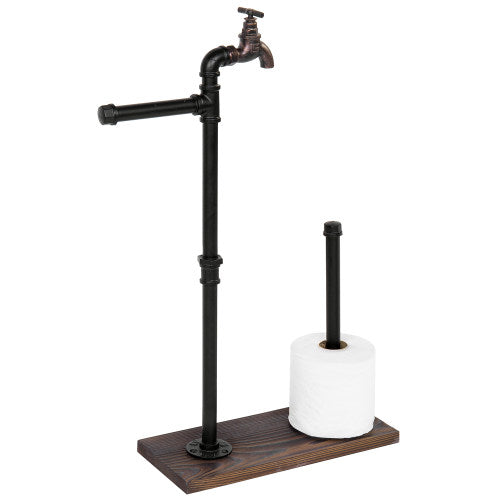 Industrial Faucet & Dark Brown Wood Toilet Paper Dispenser with Roll Holder-MyGift