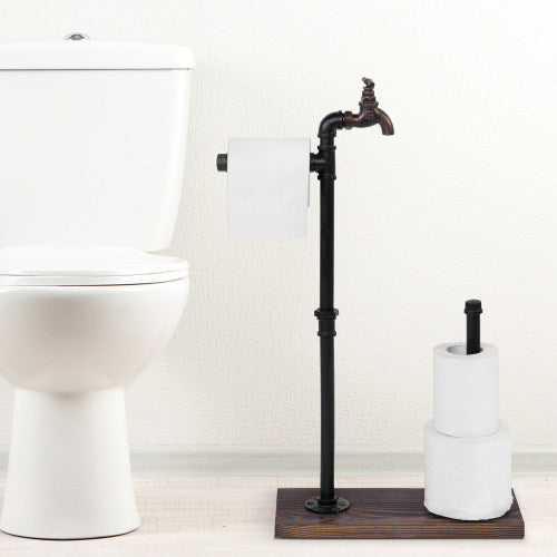 Industrial Faucet & Dark Brown Wood Toilet Paper Dispenser with Roll Holder