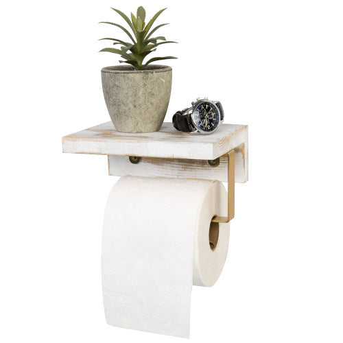 Whitewashed Wood and Brass Metal Toilet Paper Holder w/ Shelf