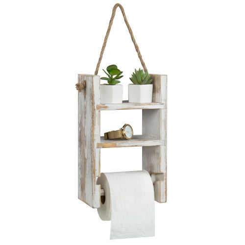 Whitewashed Wood Ladder Style Shelf w/ Toilet Paper Holder