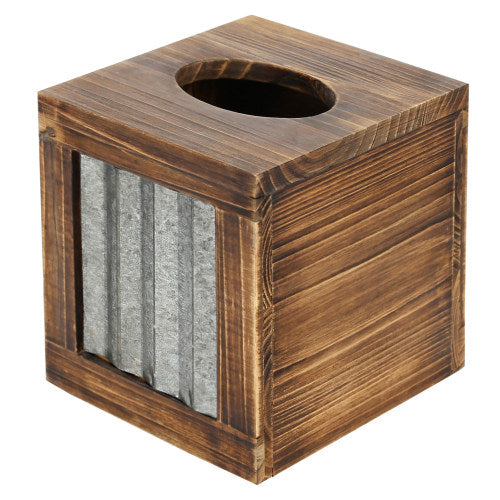 Rustic Burnt Dark Brown Wood and Galvanized Metal Tissue Box Cover-MyGift