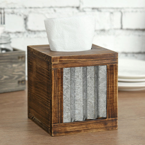 Rustic Burnt Dark Brown Wood and Galvanized Metal Tissue Box Cover