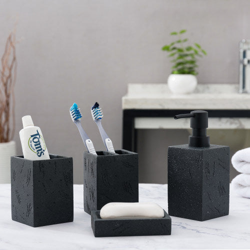 Black Textured Bathroom Accessory Set w/ Pump Dispenser, Toothbrush Holder, Tumbler & Soap Dish
