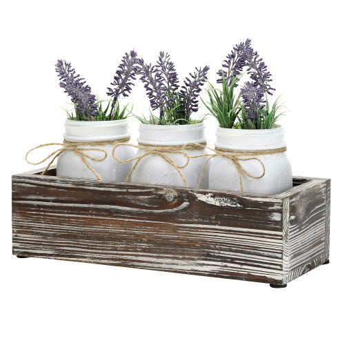Decorative White Mason Jars in Torched Wood Tray-MyGift