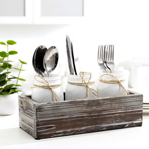 Decorative White Mason Jars in Torched Wood Tray