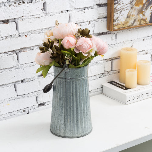 Galvanized Silver Metal Vase w/ Mango Wood Handle